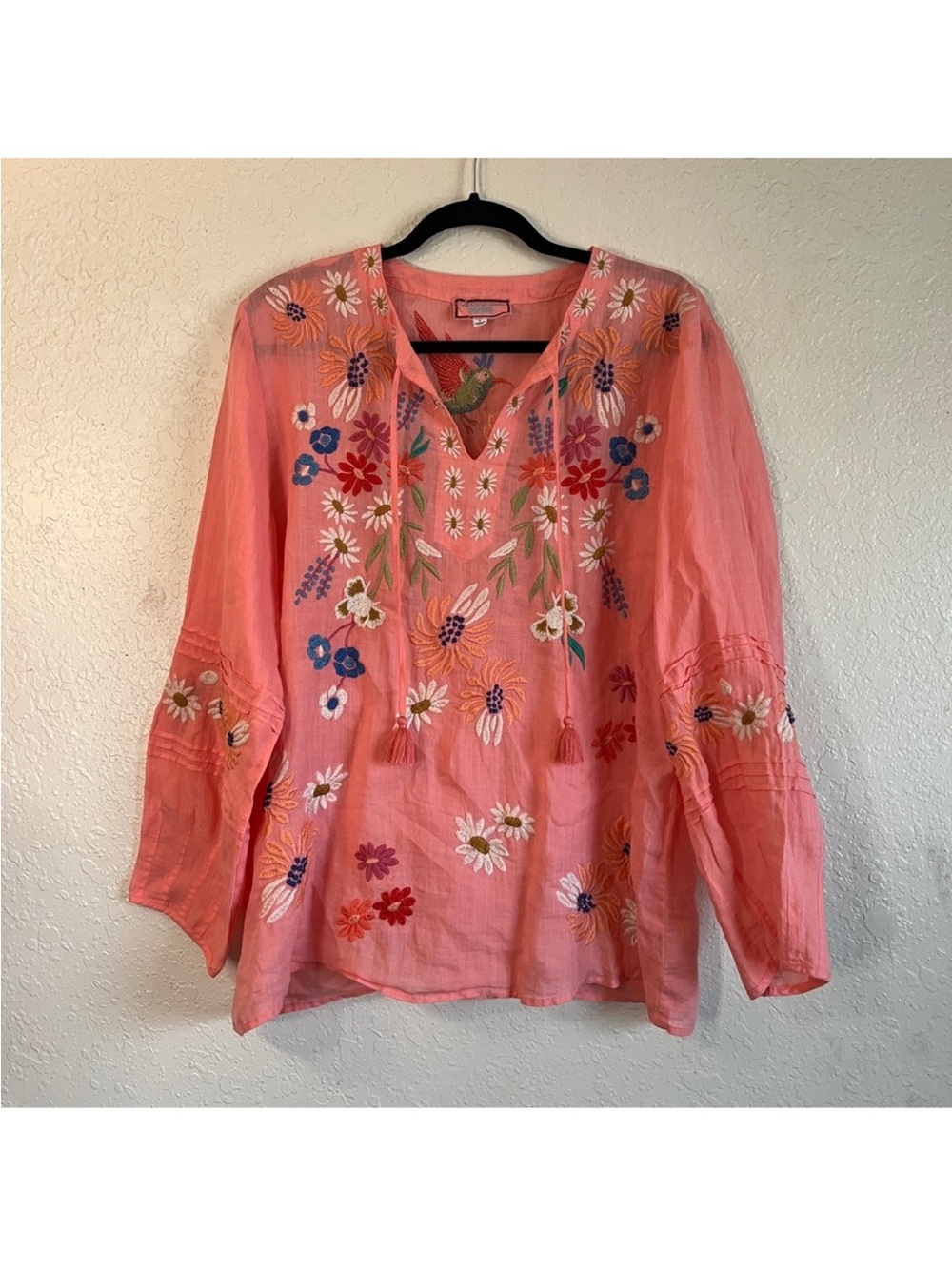 Johnny Was Coral Embroidered Tunic with Multicolor Floral Detail